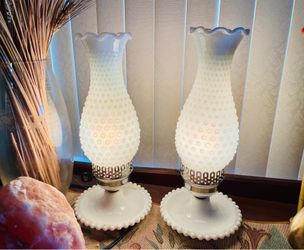 Vintage Milk-glass Hobnail table lamps.