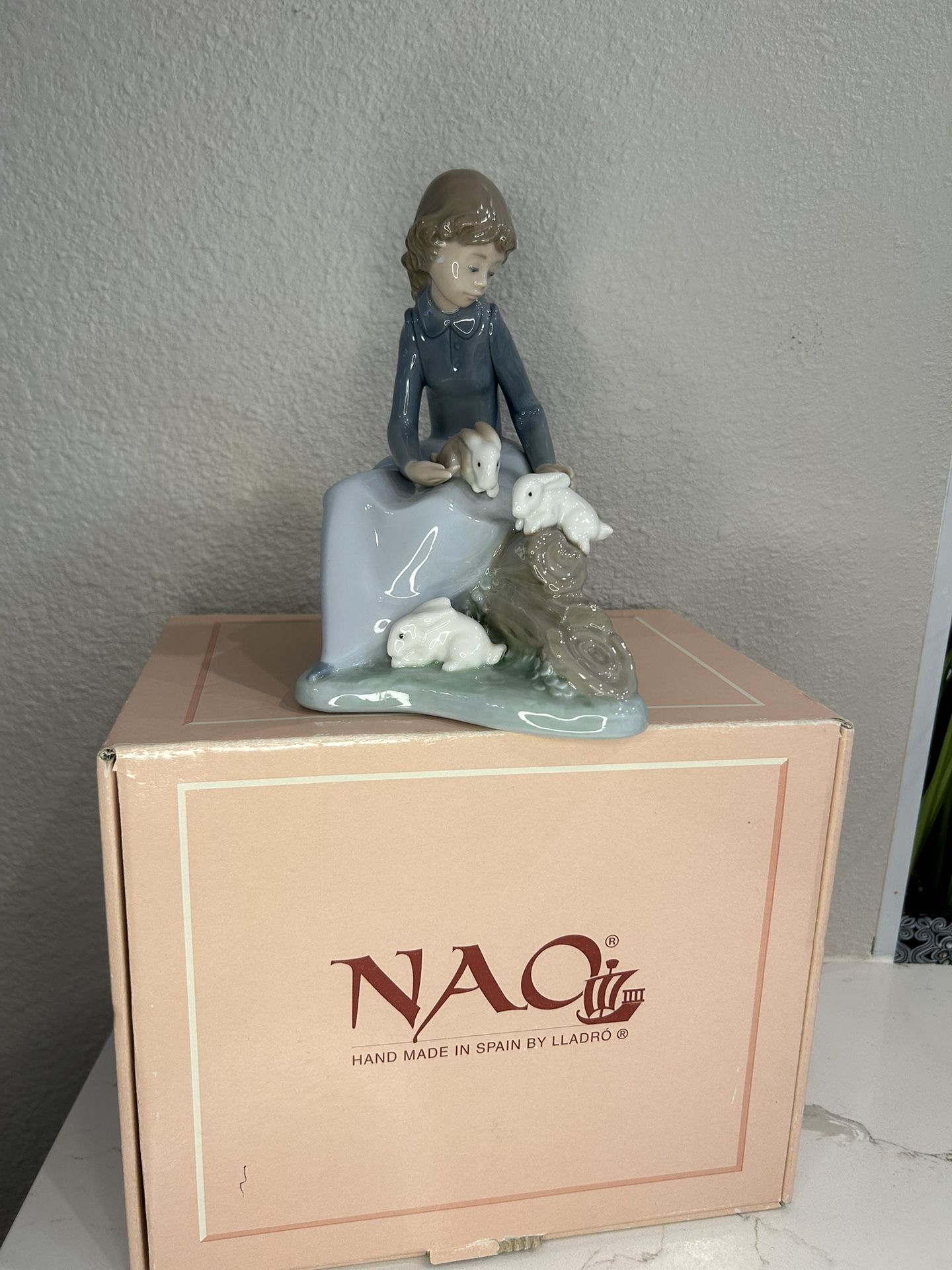 Pretty Pickings Lladro 05222 Elegant porcelain figurine of a girl in a blue dress holding a basket. Delicate porcelain with detailed floral basket. Mi