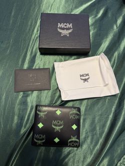 New MCM Men's Black and Neon Green Leather Visetos Bifold Wallet
