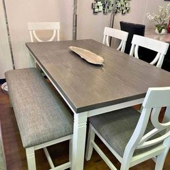Farmhouse Style Dining Table With Chairs And Benches 