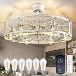 New 26" Large Bladeless Caged Fandelier with Light and Remote Chandelier Fan Semi Flush Mount,Rustic
