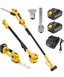 20V 2-in-1 Pole Hedge Trimmer & Grass Shear, 14Ft, 2x4Ah Batteries Multi-angle cutting head with extension pole for trimming tall hedges, shrubs, gras