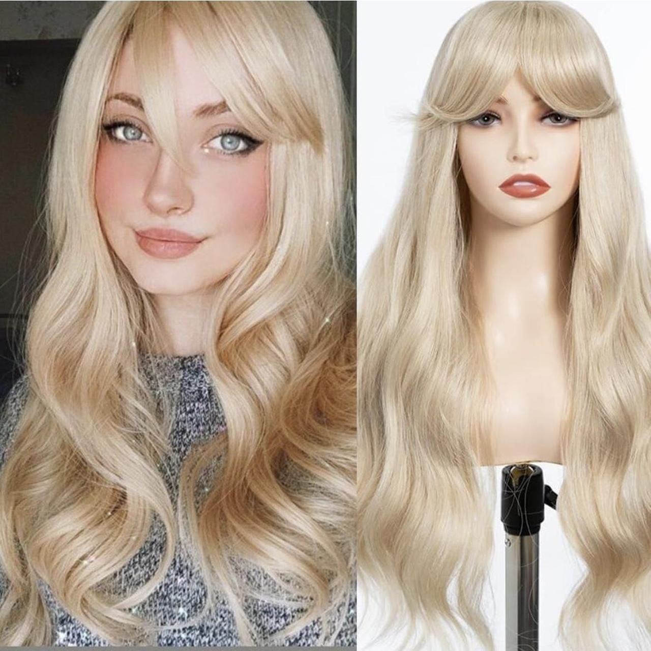 Human hair blend blonde wig with bang.