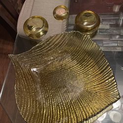 Amber Leaf Tray And Candle Holders 