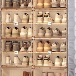 Portable Shoe Rack Organizer for Closet Entryway, Stackable Sneaker Storage Shoe Cabinet with Magnetic Clear Door, Large Plastic Storage containers Bi