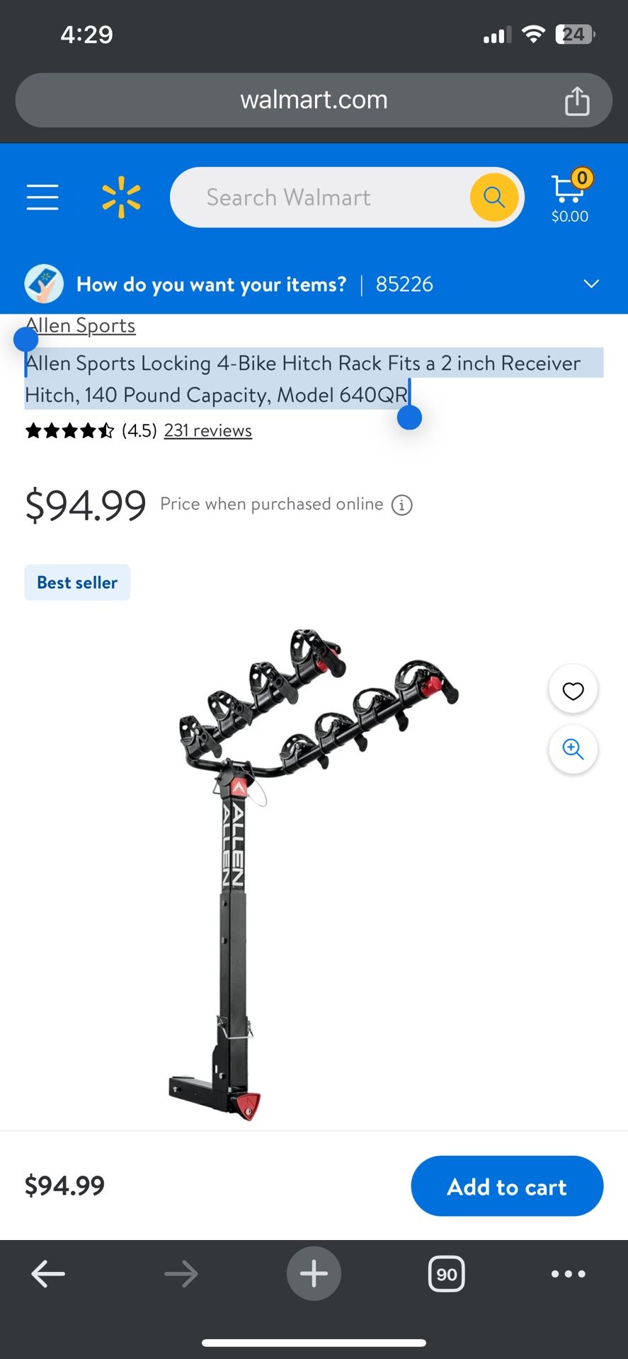 Allen Sports Locking 4 Bike Hitch Rack Fits a 2 inch Receiver Hitch 140 Pound Capacity Model 640QR for Sale in Chandler AZ OfferUp