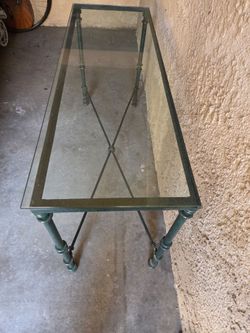Vintage Giacometti style glass top verdigris metal console table make me an offer