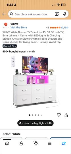 WLIVE TV Stand Dresser with LED Lights & Fabric Drawers