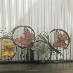 Wall Art  Butterfly With Two  Hanging Candle Holders 35 Inches    Metal  35 Inches  17 Inches For Candle Holders 