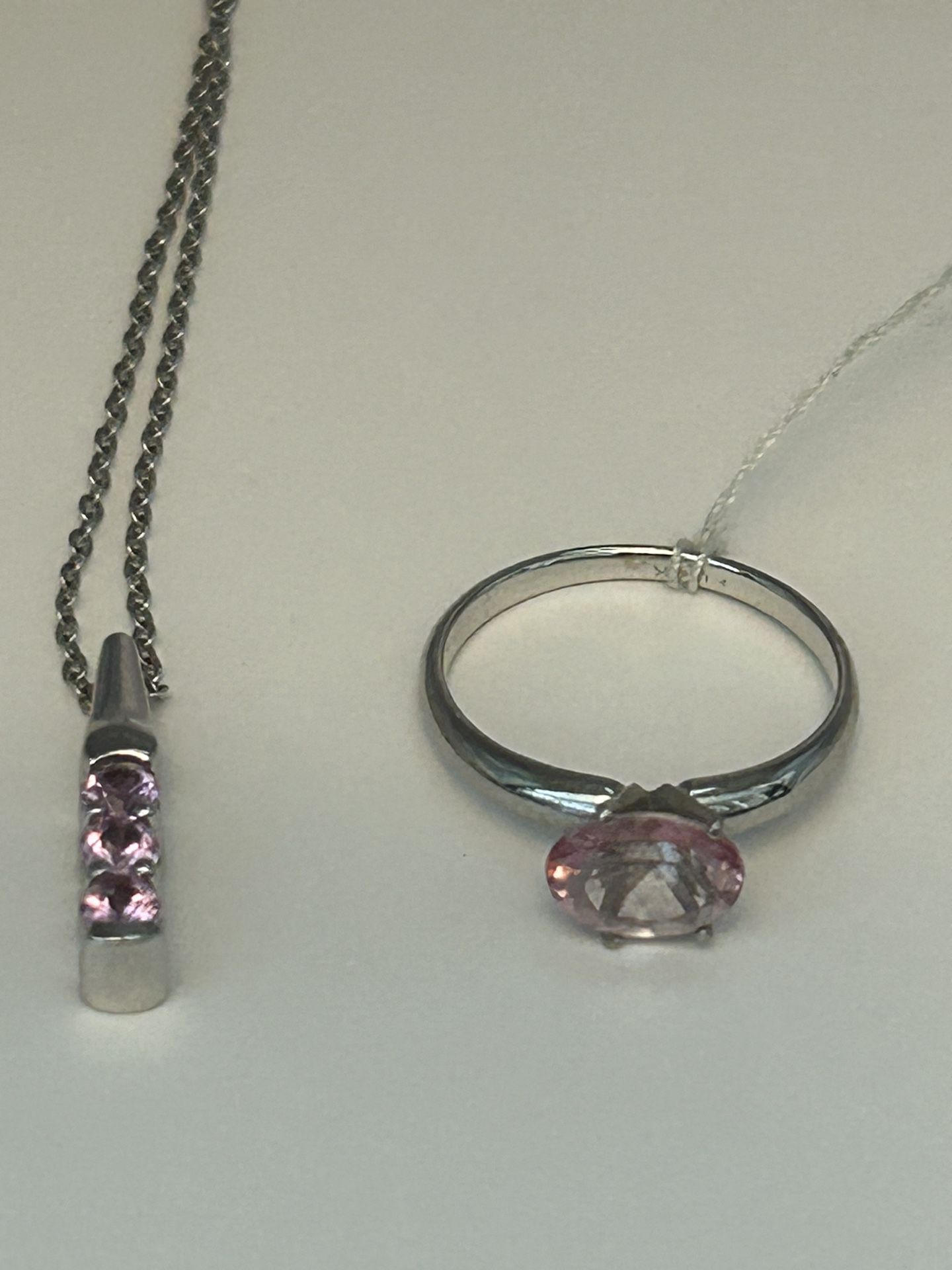 14K White Gold Genuine Pink Topaz Ring and Necklace  
