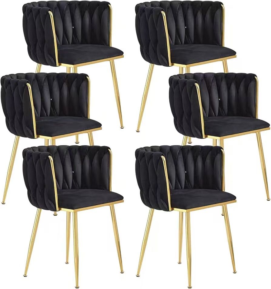 Dining Chairs Set of 6, Velvet Upholstered Dining Chairs with Gold Metal Legs, Modern Accent Chairs for Living Room, Dining Room, Kitchen (Black)