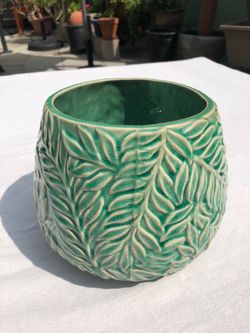 Beautiful green ceramic planter with embossed leaf design