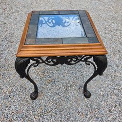 Slate and Glass Top End Table with Ornate Metal Base