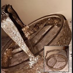 VINTAGE ORNATE MID CENTURY FLOWER ETCHED CRYSTAL SILVER BASKET SERVING DISH PLATTER ANTIQUE COLLECTABLE