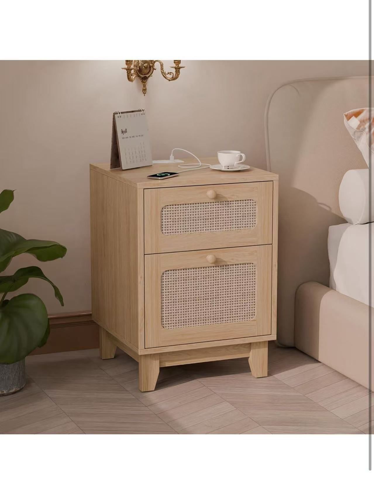 Wicker Rattan Nightstand Set of 2, Charging Station