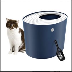 New IRIS USA Large Stylish Round Top Entry Cat Litter Box with Scoop, Curved Kitty Litter Pan with Litter Particle Catching Grooved Cover and Privacy 