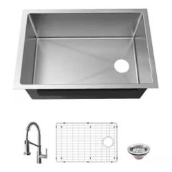 18G AIO SS Under Mount SB Kitchen Sink 27 x 18 x 9 in with spring neck faucet stainless steel