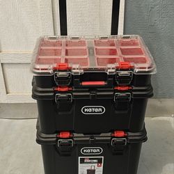 Keter Stack-n-Roll Modular Tools Organizer for Garage Storage and DIY, 3 Piece Resin Rolling Tool Box System for Small Parts, Black

