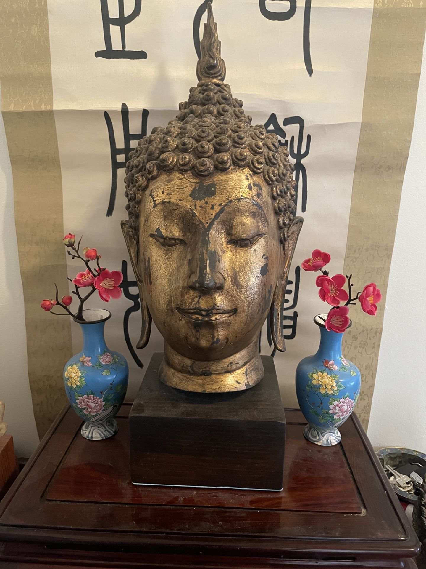 old asian bronze buddha head with stand