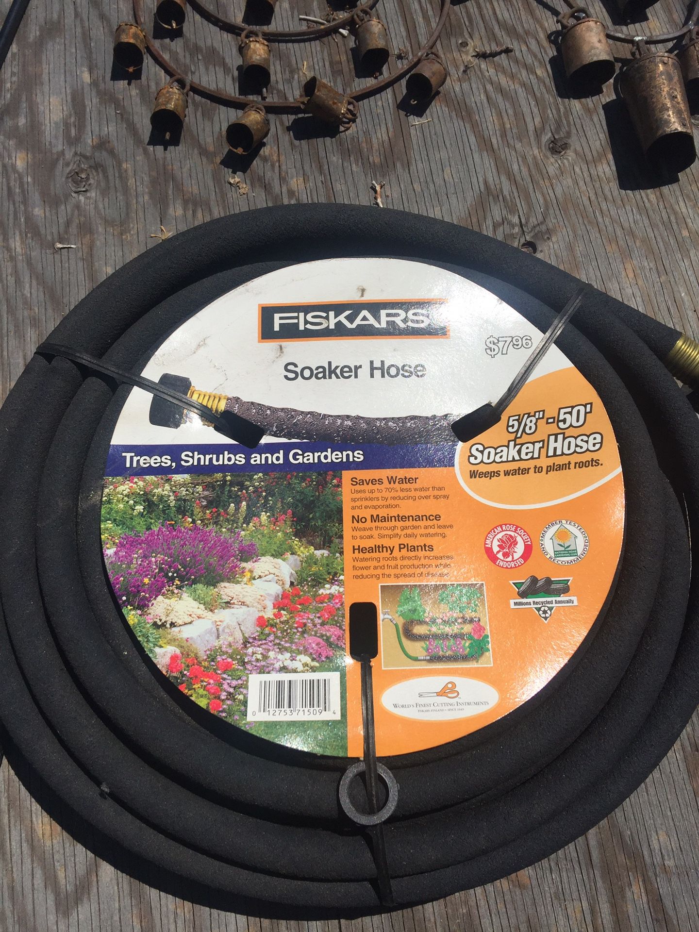 Garden package 50 foot soaker hose brass wind chimes plant Stand