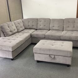 COSTCO Grey Chenille Sectional Couch And Ottoman