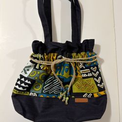 Denim Midnight With Green White Yellow Black Print Medium Drawstring Tote Bag