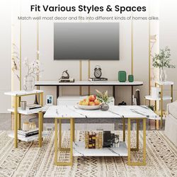 Faux Marble Table Set,Coffee Table & 2 Side Table, Faux Marble Tabletop and Metal Frame, 3 Piece Table Sets, for Living Room Apartment,White & Black