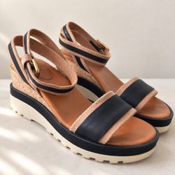 See by Chloe Designer Platform Wedge Sandals - Womens 7 - Black/Beige