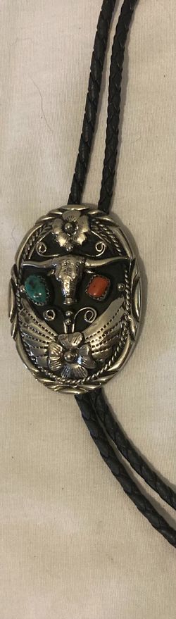 Vintage Metal Bolo Tie, Nice Silver and Turquoise Stones Design, Longhorn, Bull, Cow, Nice Western Design,  2 1/4" x 1 1/2", Quality, Heavy Duty, Made
