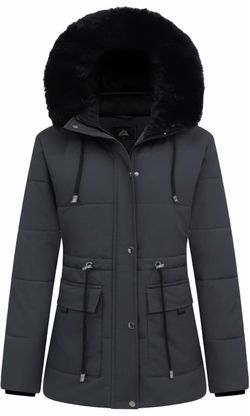 Women's Gray Jacket Hooded Parka with Faux Fur Trim ( Dark Grey) XXXL