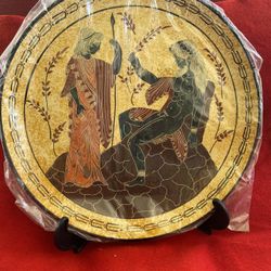 11 Inch Handmade Hand Painted Hand Etched Greek Ceramic Wall Hanging Plate Imported From Greece (Stand Not Included)