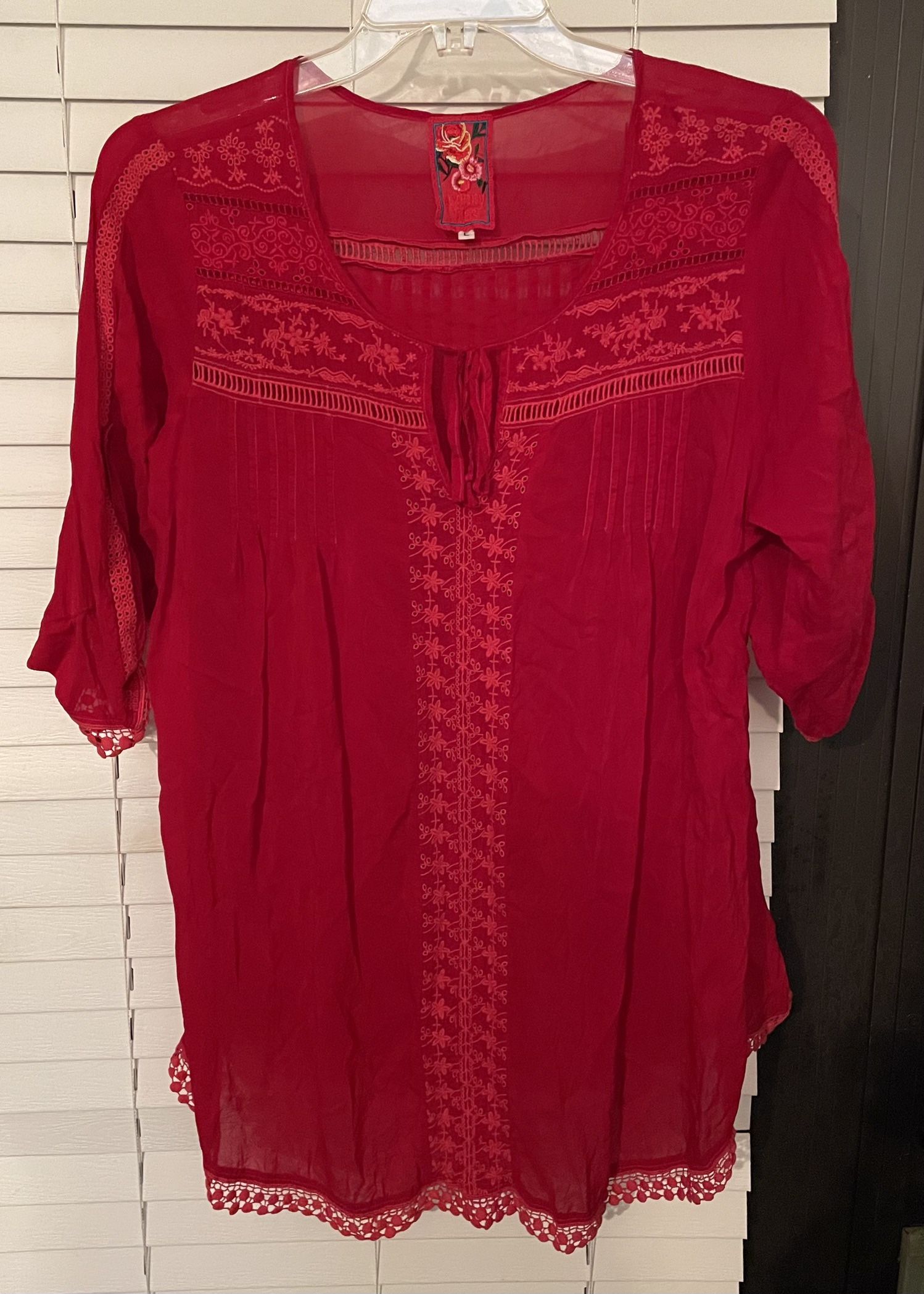JOHNNY WAS - Embroidered Tunic - Crocheted Trim - Size Large - Color Red