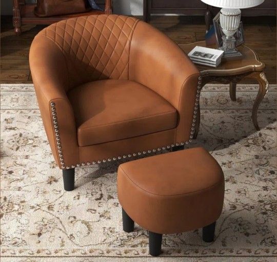 New 28.4" Wide American Traditional Faux Leather Barrel Chair with Ottoman