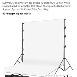 $75 Brand New SLOW DOLPHIN Photo Video Studio 10 x12ft 100% Cotton White Muslin Backdrop with 10 x 10ft Stand Photography Background Support System Ki