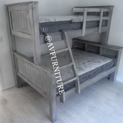 Solid Wood Full Twin Bunk Bed And 2 Mattresses 