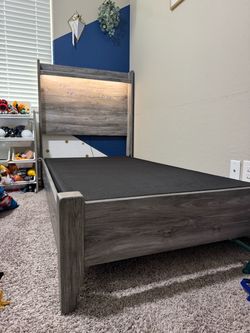 Gray Wood Bed Frame with LED Headboard