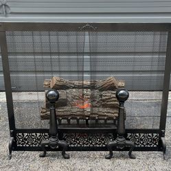 Fireplace Screen, Faux Electric Log, Grate & Andiron Pair