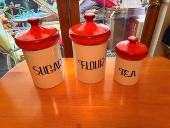Vintage 3-Piece Kitchen Canister Set – Sugar, Flour & Tea – Red Lids