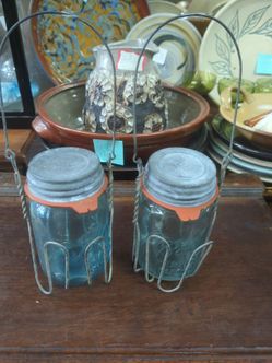 Pair mason jars zinc top with wire holders rustic farmhouse decor