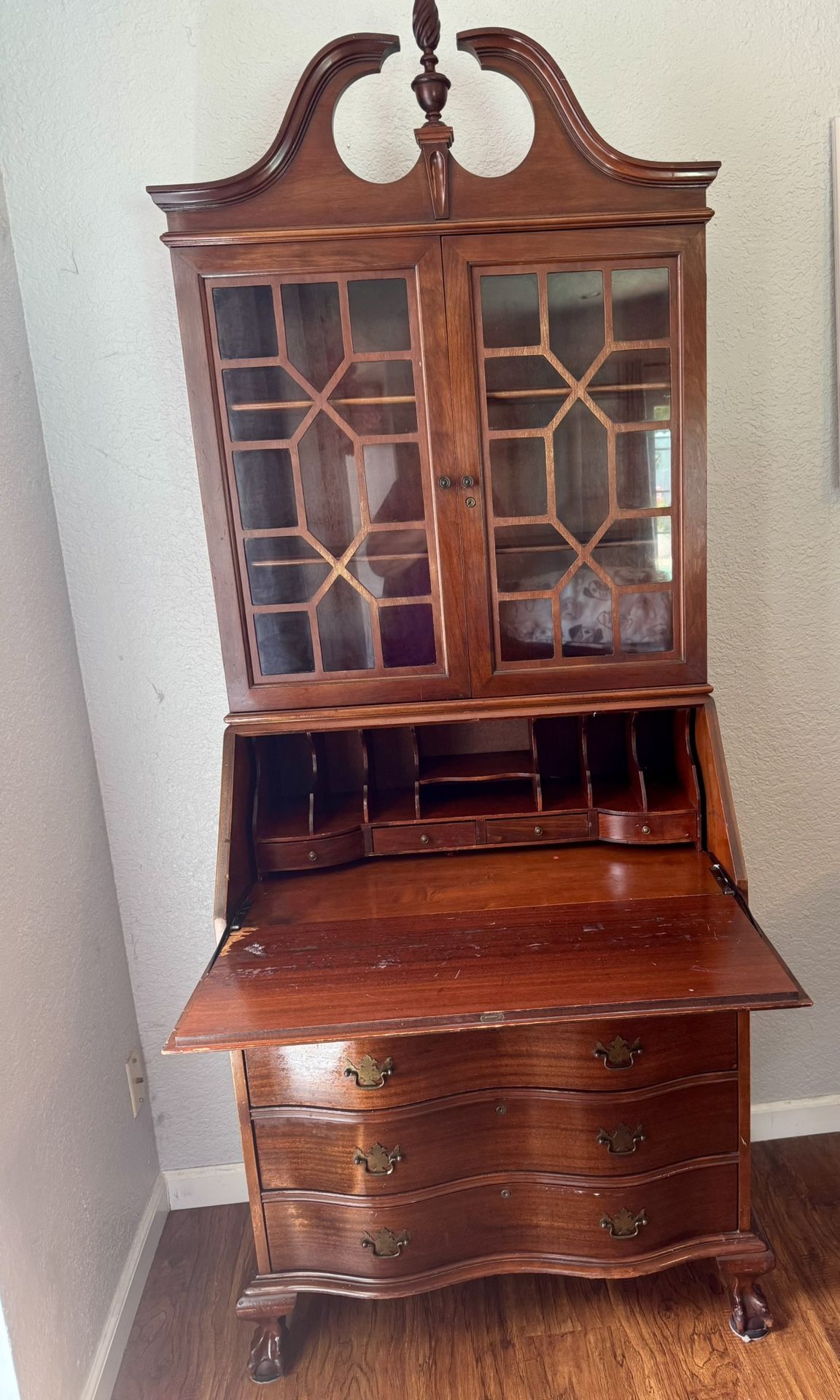 Antique Walnut Serpentine Secretary Desk Chippendale Style Bookcase