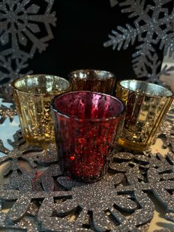 VTG 4 Sml 2.5”DX 2.5”H Fluted Mercury Glass Candle Votive Hldr 2gold-red-bronze