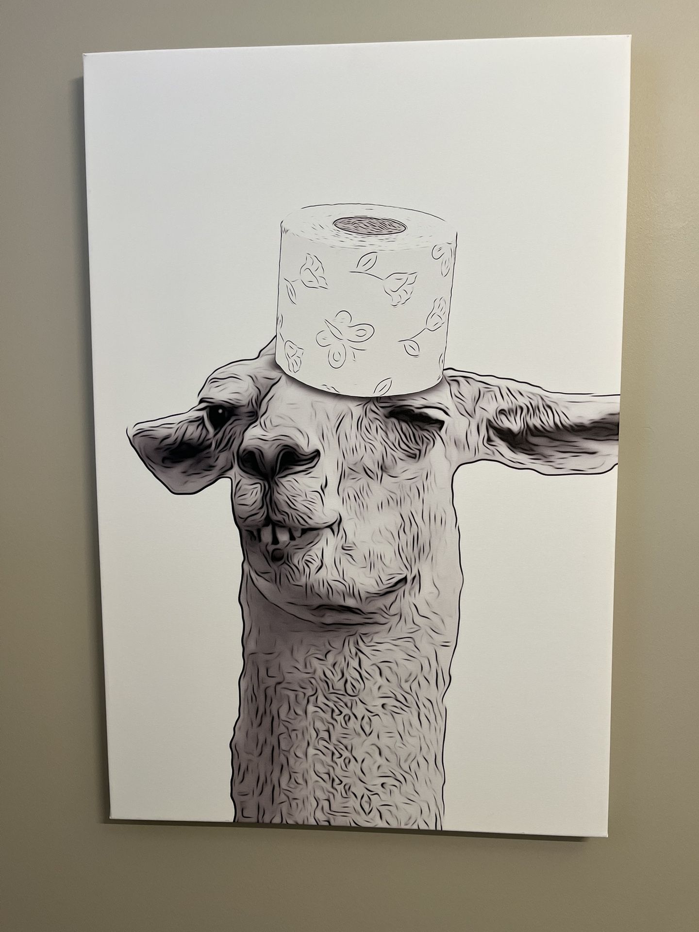 Llama With Toilet Paper Roll Crown Canvas Art 20 x 30 inch canvas print. Brand new.