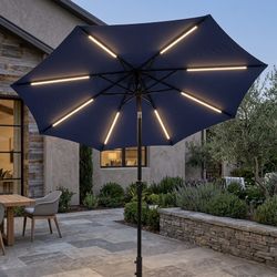 NEW Patio Umbrella With Solar LED Lights 9 Foot Outdoor Umbrella Tilt Adjustable