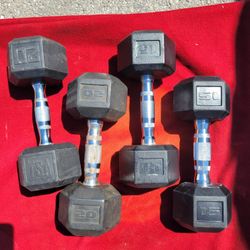 SET OF 15s. 20s RUBBER COATED 
 HEXHEAD DUMBBELLS TOTAL 70LBs  
11525 S HALSTED DUNKIN DONUTS/7111.S WESTERN WALGREENS  
65$  CASH ONLY AS IS.
