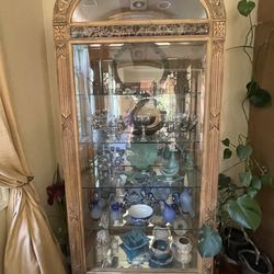 Wood carved lighted glass display cabinet