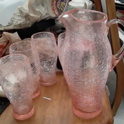 Pink Cracked Glasses And Pitcher $7
