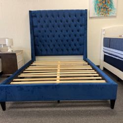 Blue Velvet Queen Size Platform Bed Frame