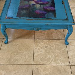 Vintage Inspired Rustic Turquoise with Poppy Design Distressed Up Cycle Oversized Coffee Table