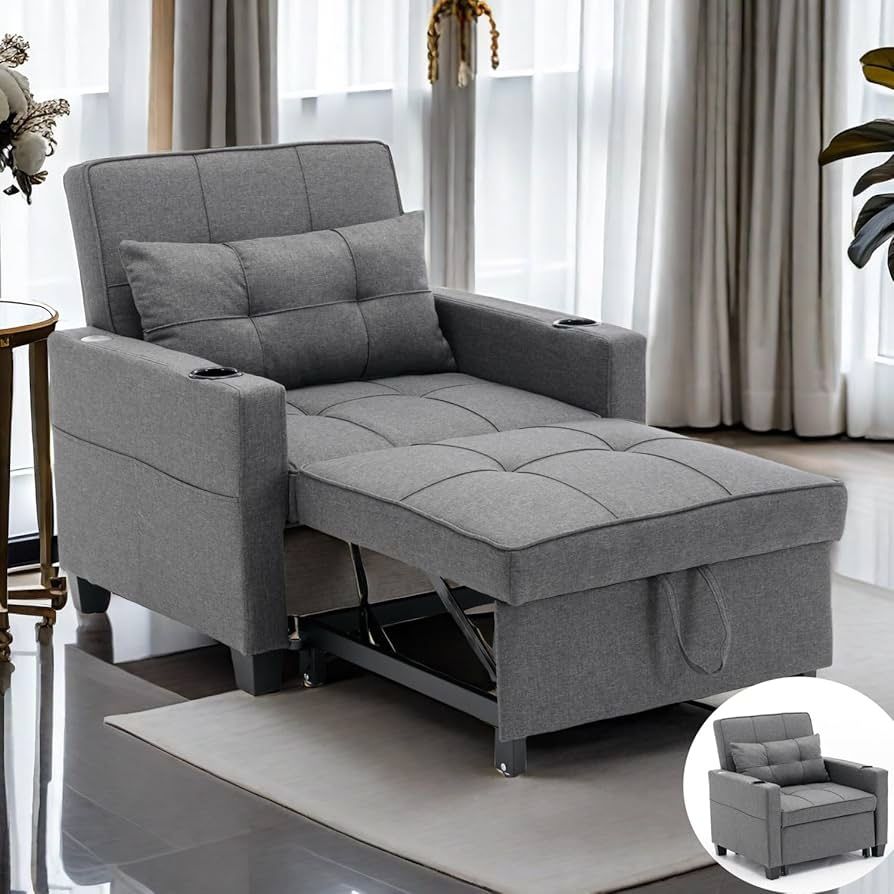 3 in 1 Convertible Sleeper Sofa Chair Bed, Pull Out Sleeper Chair Bed Multi-Pockets Folding Reading Sofa Chair with USB Ports for Living Room,Office,S