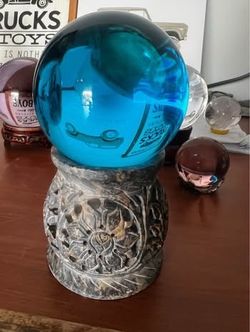 Blue Crystal Ball: Handmade Quartz Divination Sphere In A Brass Stand